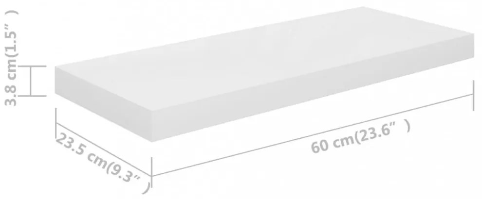 2 db magasfényű fehér MDF lebegő fali polc 60 x 23,5 x 3,8 cm