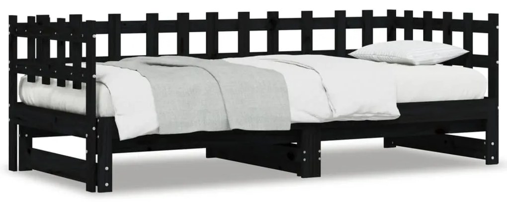 fekete tömör fenyőfa kihúzható kanapéágy 2 x (80 x 200) cm