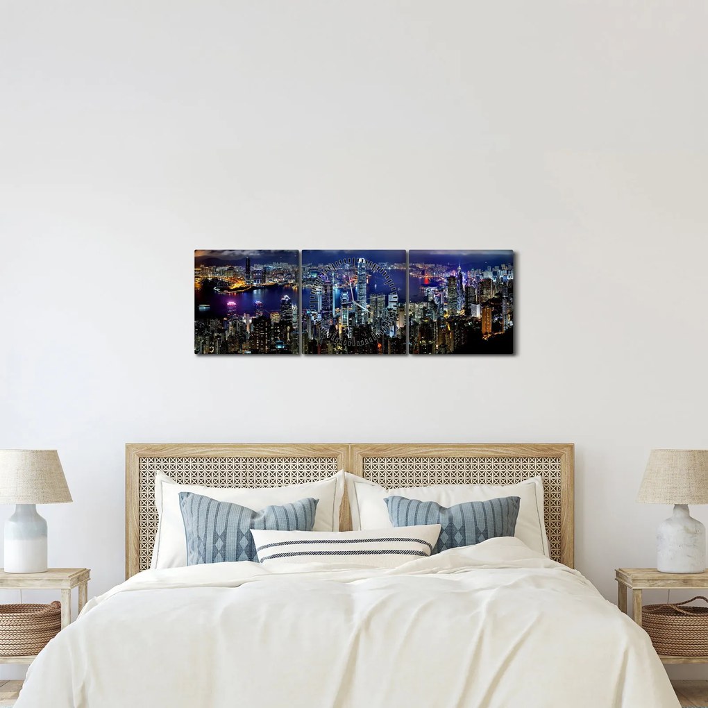 Egy kép a felhőkarcolók éjjel (órával) (90x30 cm)