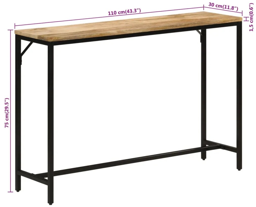 tömör nyers mangófa és vas tálalóasztal 110 x 30 x 75 cm