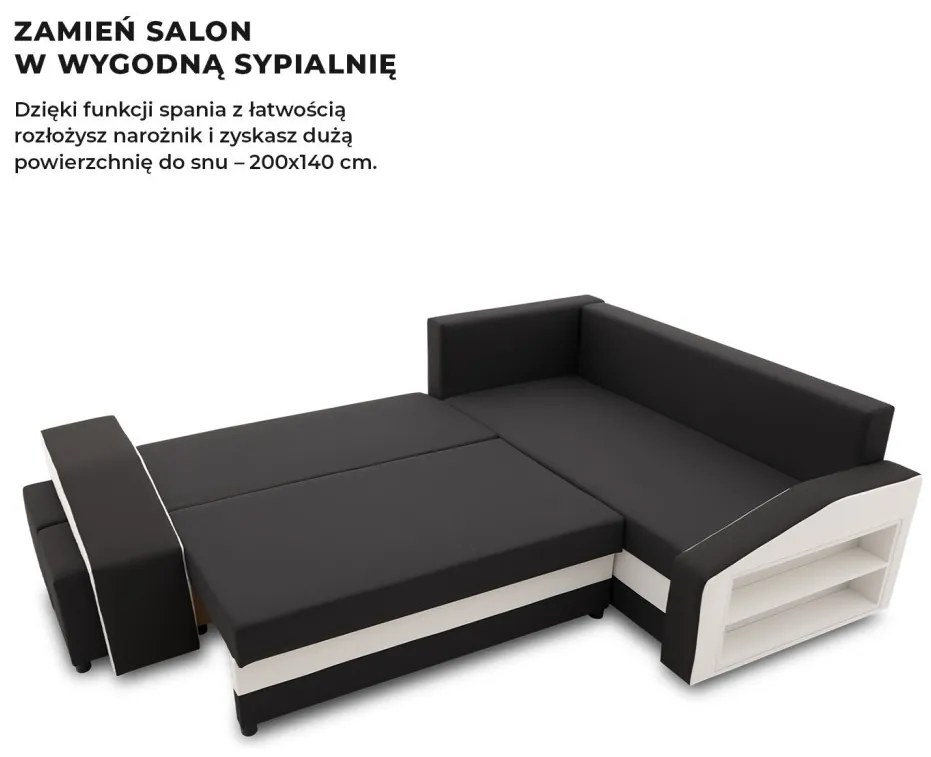 Grande sarokkanapé polcokkal és puffokkal , polc a jobb karfaban puffok a bal karfaban, jobboldali, szövet anyag, bonell töltet, fekete - fehér