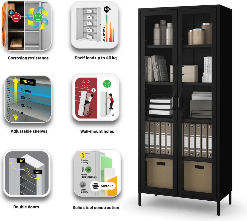 ANGELO üveges vitrin nappaliba – fekete fém, 800 x 1850 x 450 mm