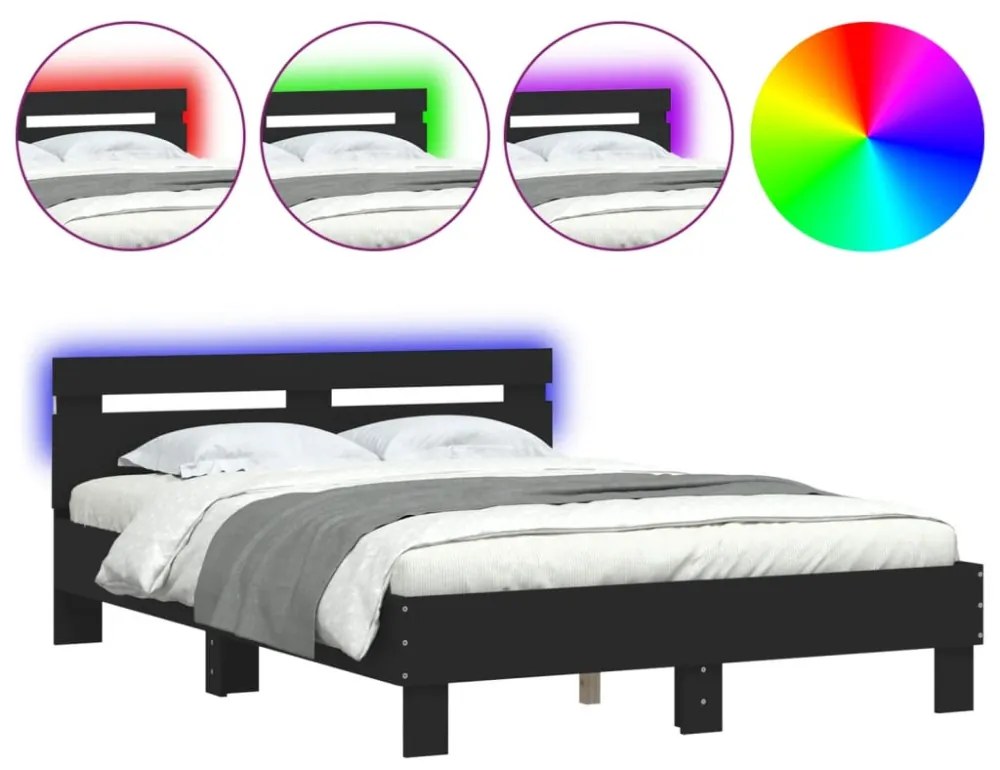 fekete ágykeret fejtámlával és LED-del 135 x 190 cm