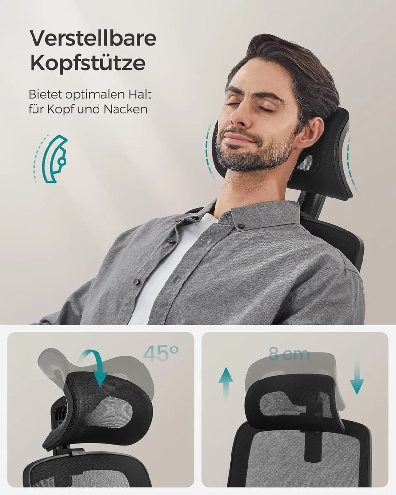 Irodai szék, ergonomikus, hálós szék deréktámasszal és állítható fejtámlával, fekete