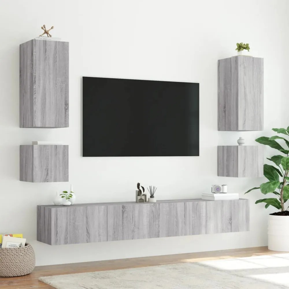 2 db szürke sonoma fali TV-szekrény LED-ekkel 40,5x35x40 cm
