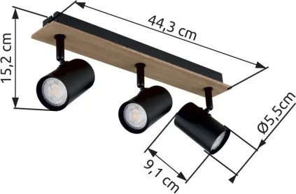 Globo 57905-3 Mennyezeti lámpa, fekete matt fém spotlámpa, sötét fa mintázatú MDF, HxSzxM: 410x60x152mm, 3x GU10 35W 230V izzók nélkül