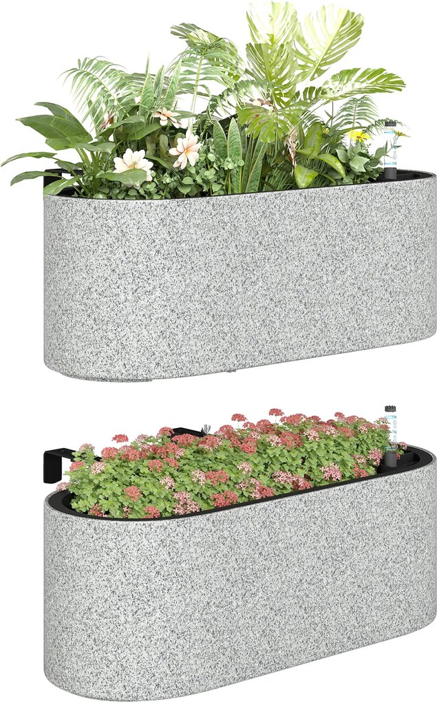 Outsunny 2 db függesztett ovális virágláda önöntöző rendszerrel, leeresztődugóval és kampókkal — 42 × 16 × 15 cm, világosszürke | Aosom