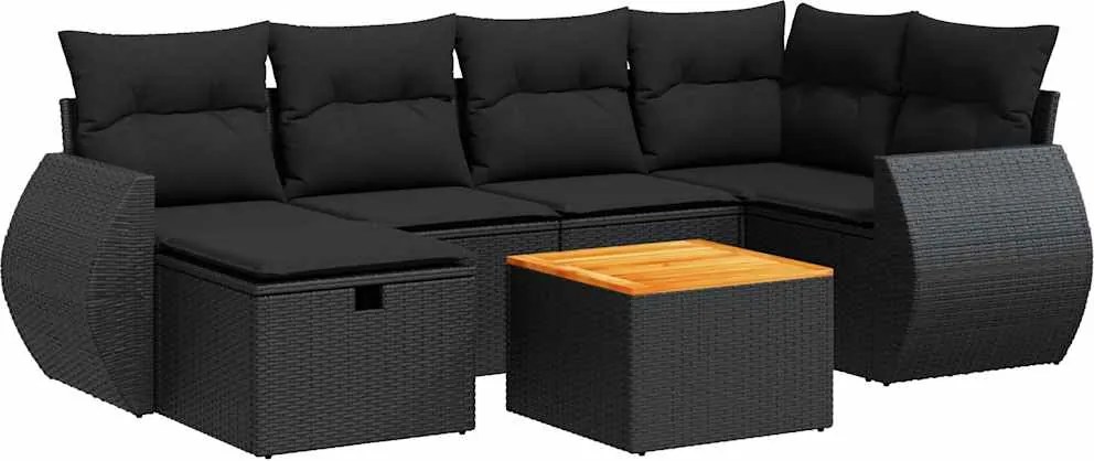 vidaXL 7 részes fekete polyrattan kerti ülőgarnitúra párnával