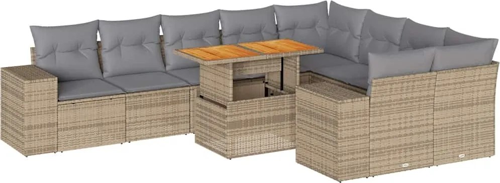 vidaXL 10 részes bézs polyrattan akácfa kerti ülőgarnitúra párnával