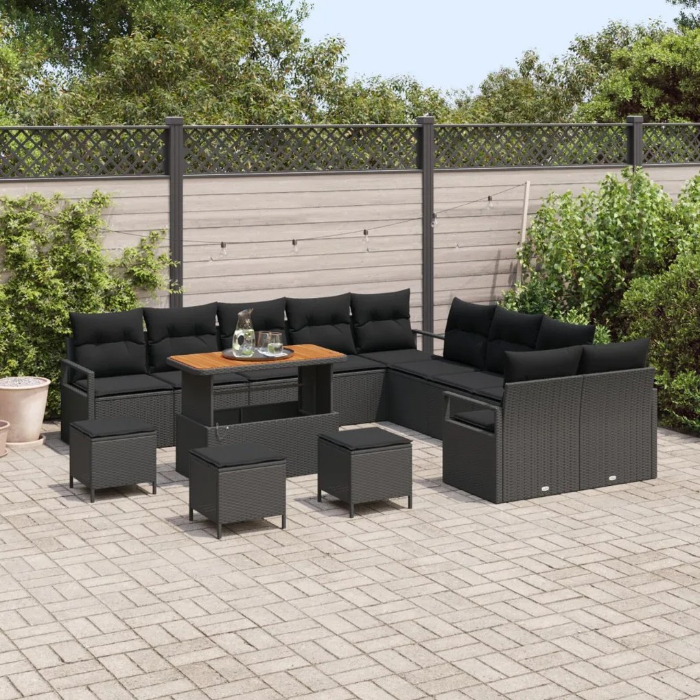 13 részes kerti kanapé párnákkal, fekete, poli rattan, akác, 2 fős kerti kanapé párnákkal, fekete, poli rattan, 3 részes kerti étkező szett párnákkal, fekete, poli rattan, akác