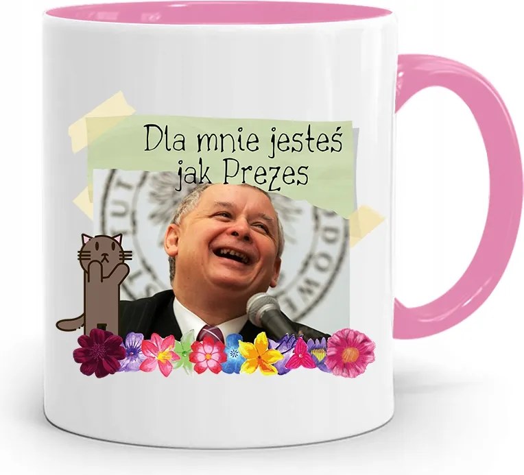 Rózsaszín Vicces Bögre Jaroslaw Kaczynski fényképes nyomattal