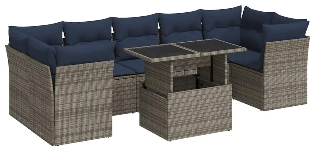 8 részes szürke polyrattan akácfa kerti ülőgarnitúra párnákkal
