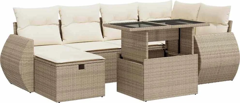 vidaXL 7 részes bézs polyrattan kerti ülőgarnitúra párnákkal