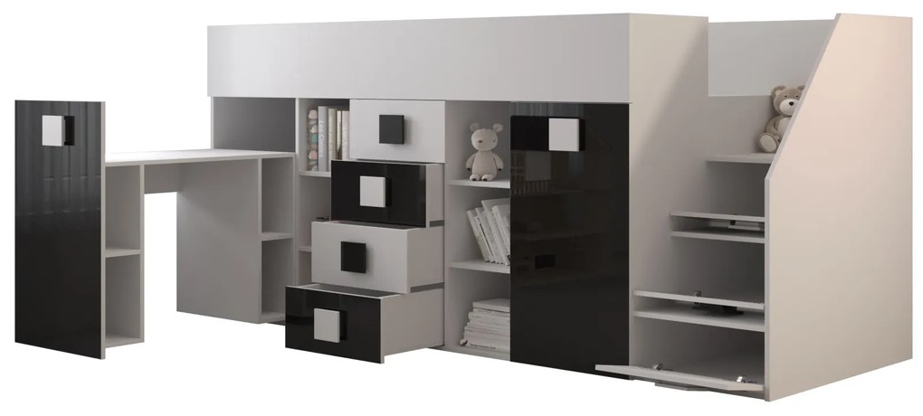 Kombinált gyerekágy 90 cm Toreno 3 (fehér + fényes fehér + fényes fekete) (J). 1083326
