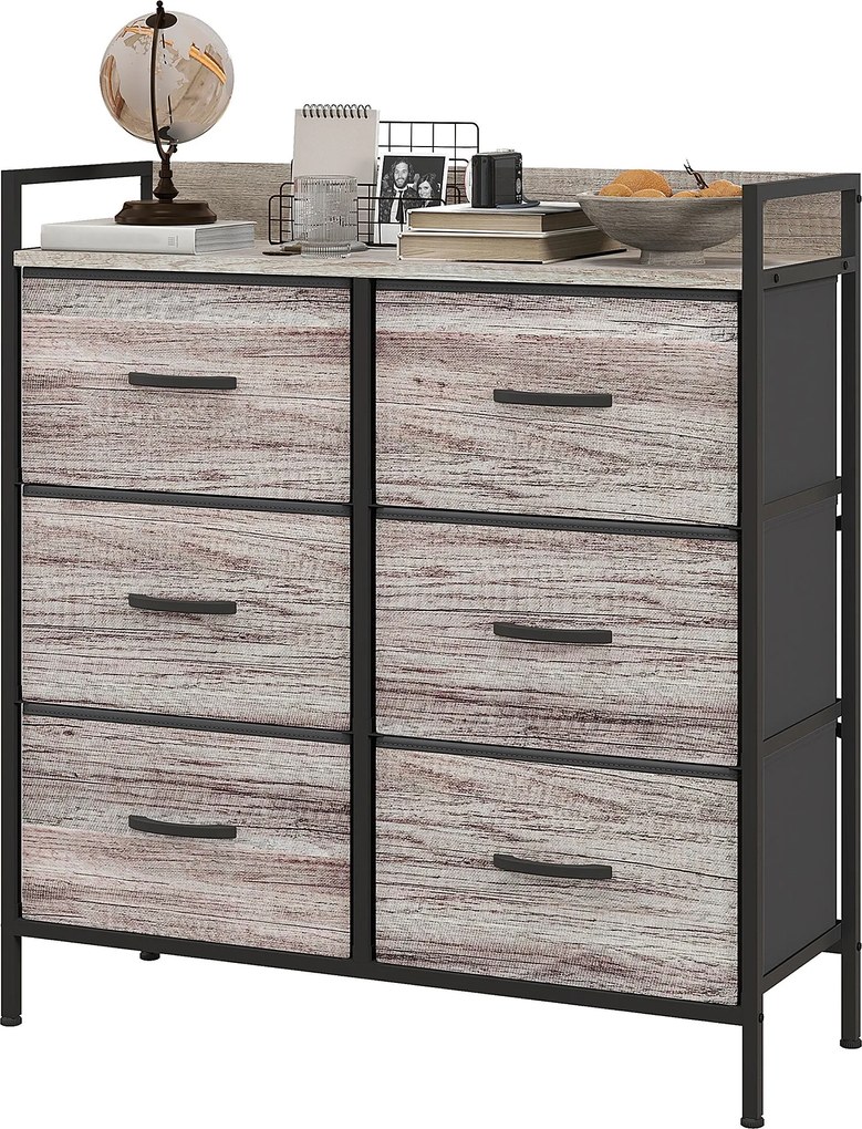 HOMCOM 6 Fiókos Textile Tárolószekrény Fa Hatással, Fa Fogantyúkkal, Acél Kerettel, Ipari Design, Szürke | Aosom