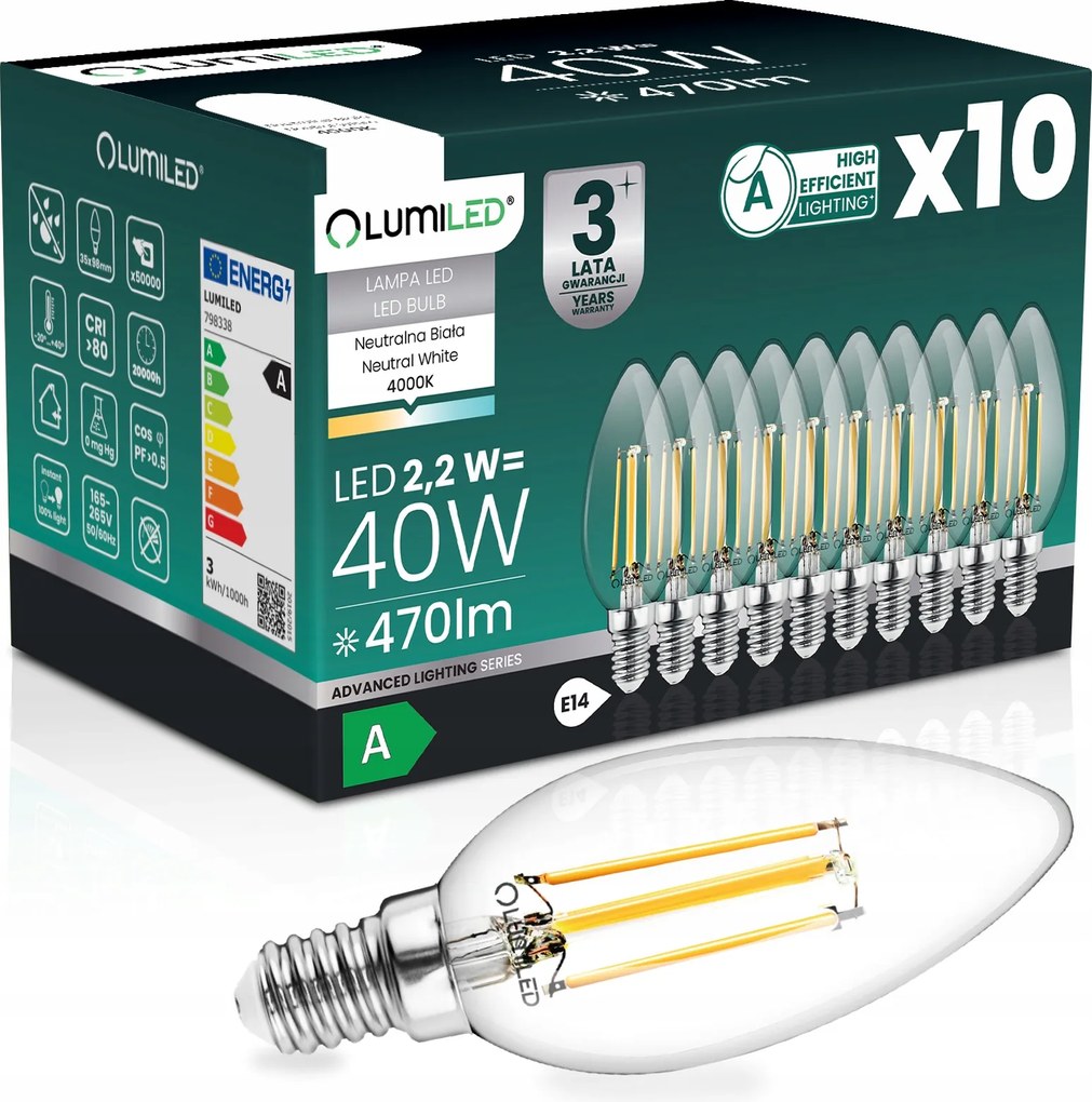 10x Led Izzó E14 Filament A Osztály 2,2W 470LM 40W 4000K 360° Gyertya