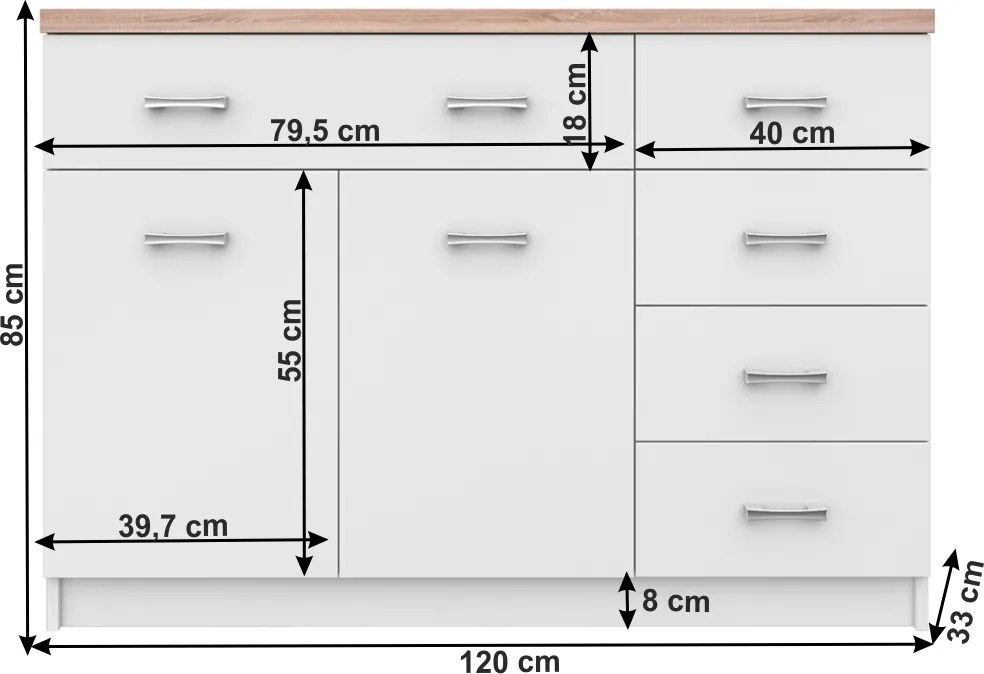 Komód 2d5s, fehér/tölgy sonoma, TOPTY 08
