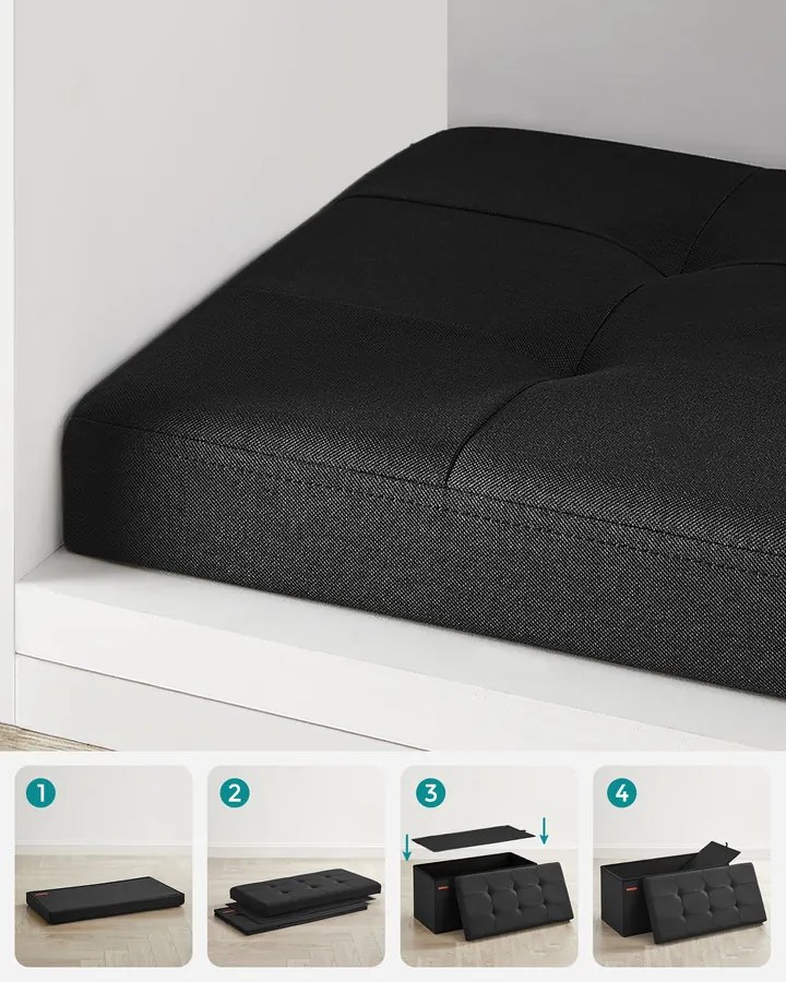 SONGMICS tárolós ülőke, összecsukható ülőpad, 38×76×38 cm, fekete