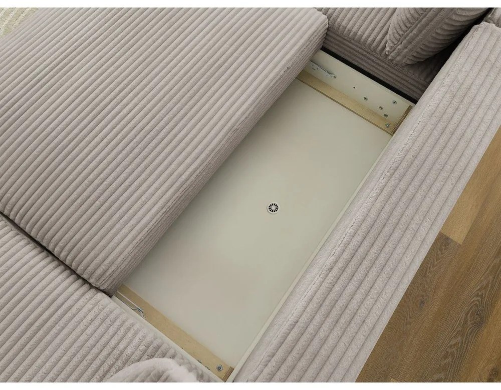 Világosszürke-bézs kordbársony kinyitható-tárolóhelyes sarokkanapé (bal oldali-U alakú) Lucien – Bobochic Paris