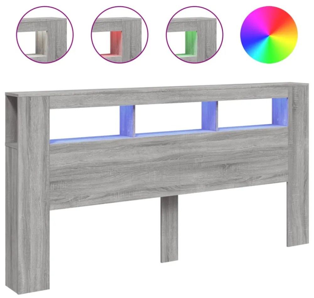 szürke sonoma szerelt fa LED-es fejtámla 200 x 18,5 x 103,5 cm