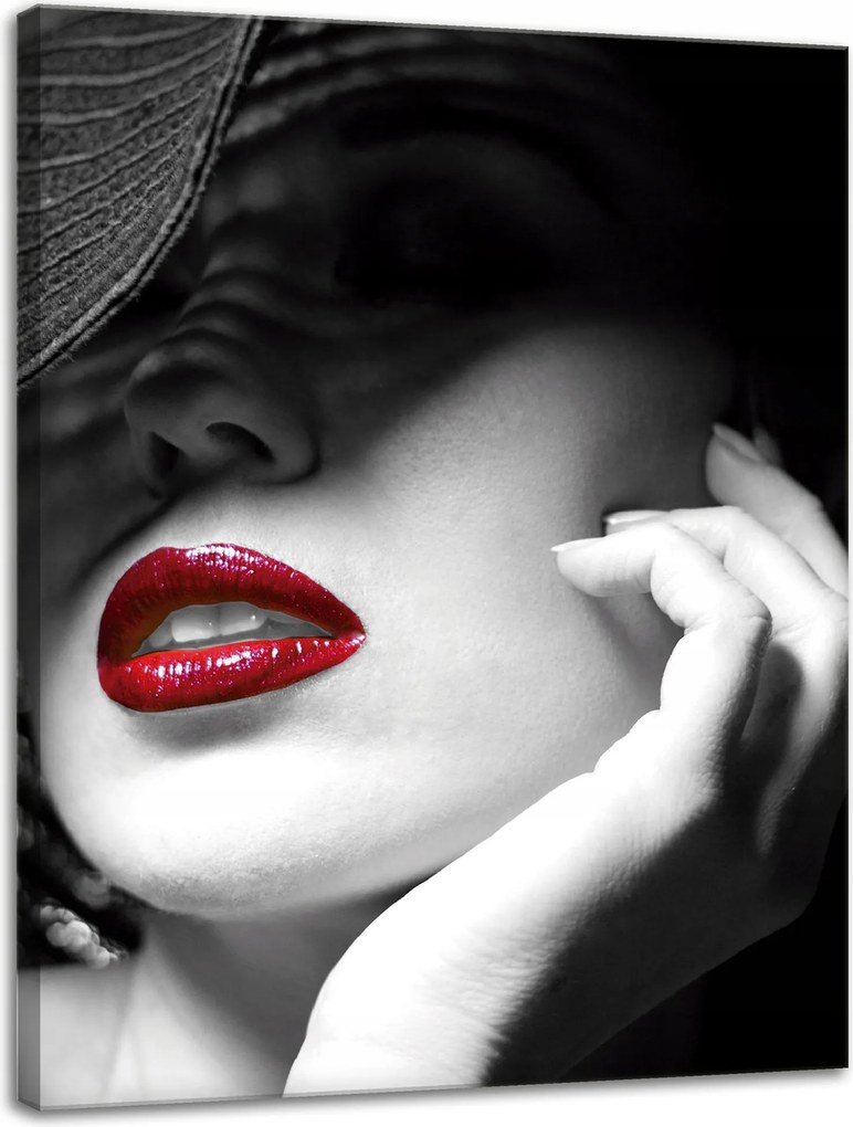 Vászonkép Piros Száj Nők Fekete Kalap Elegancia 30x40 cm