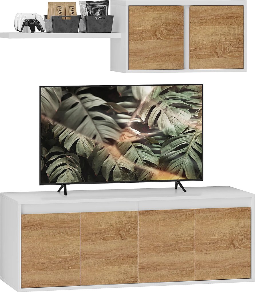 HOMCOM TV Állvány és Fali Szekrény Szett 7 Polccal és Nyitott Polccal, Forgácslap TV Állvány, 120x41x43.3 cm, Fehér és Fa Szín | Aosom