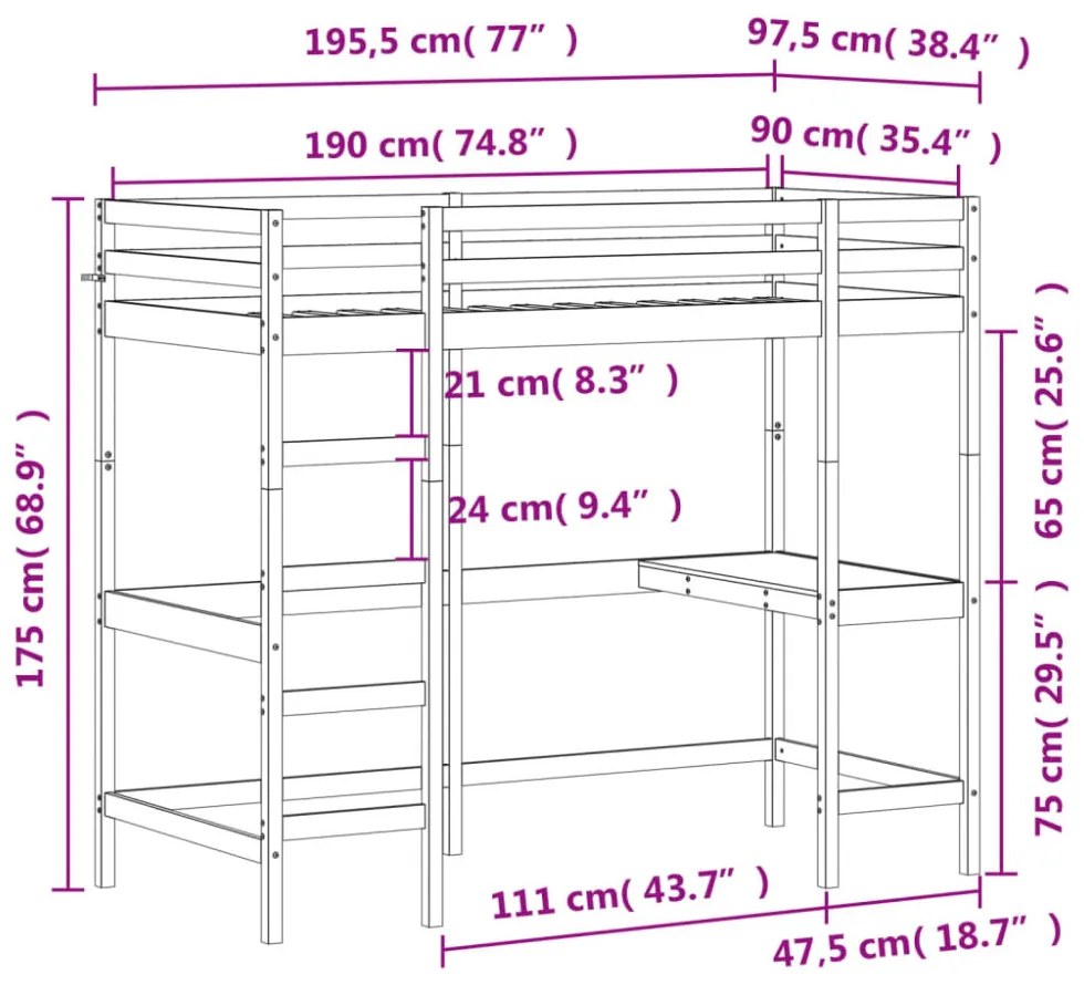 viaszbarna tömör fenyőfa galériaágy íróasztallal 90 x 190 cm