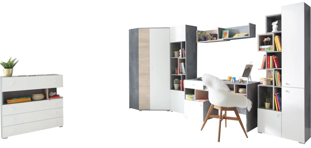 SIGMAR 4 gyerekszoba, beton/fehér/tölgy