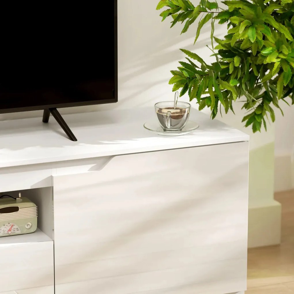 HOMCOM TV-szekrény, magasfényű, akár 65"-os tévékhez, 3 rekesszel, fiókkal, fehér