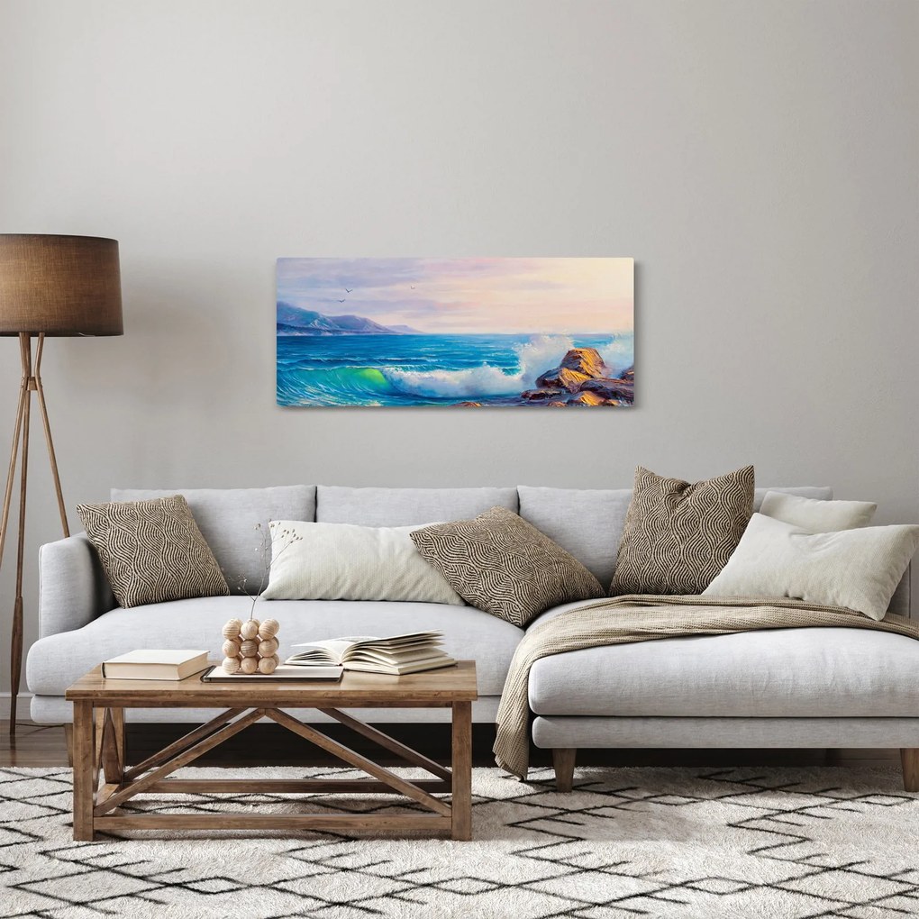 A sziklákat megütő hullámok képe, olajfestmény (120x50 cm)