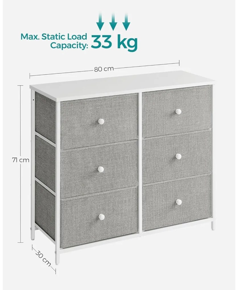 Tároló szekrény hat fiókkal, ruhás szekrény, fehér és világosszürke 80x30x85cm