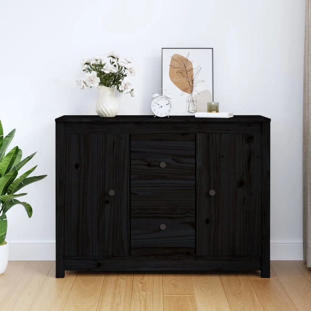 fekete tömör fenyőfa tálalószekrény 100 x 35 x 74 cm