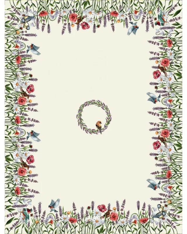 Mezei virágos, kismadaras gépi gobelin asztalterítő, 137 x 240 cm