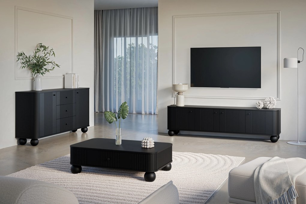 Vesper 4D TV-szekrény 187 cm - fekete / fekete fogantyúk / gömb alakú lábak
