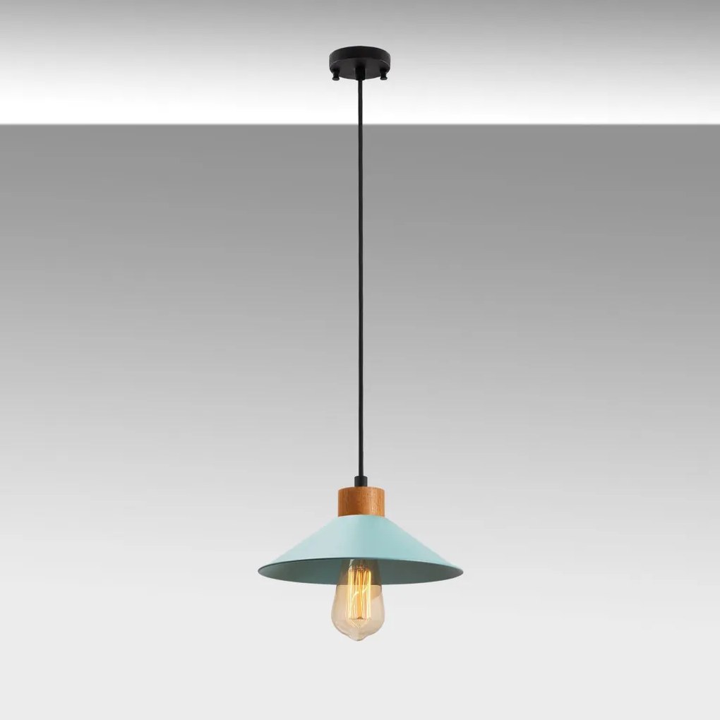 GMN-00005 kék fém függőlámpa fa alappal, Ø24 cm