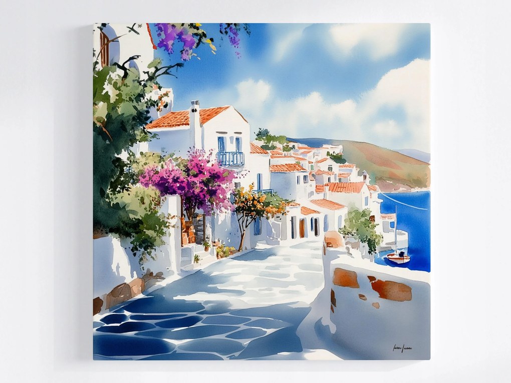Canvas Görögország Utca Santorini Tenger Bugenwilla 40x40