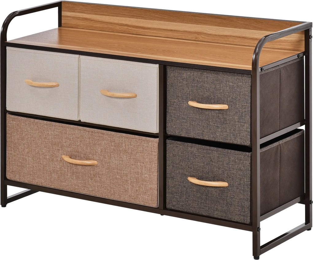 HOMCOM Szövet Komód 5 Összecsukható Fiókkal, Fa Tetővel és Fém Kávával, 87.5x29x58 cm, Többszínű | Aosom