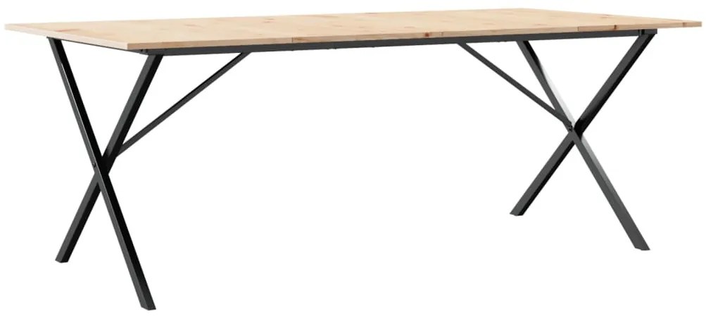 Tömör fenyőfa és acél étkezőasztal X-vázzal 200x100x75 cm