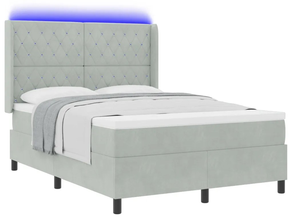 Boxrugós Ágy Mattal és LED Fénnyel Szürke 140x190 cm Bársony