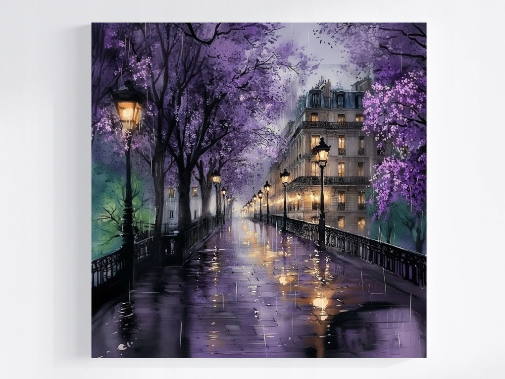 Canvas Vászonkép Párizs Este Lila Virágzó Fák 40x40