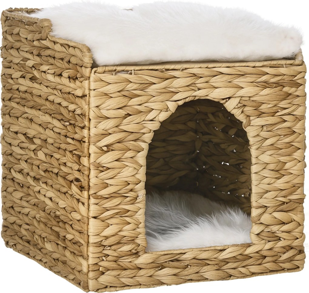 PawHut Rattan Macska Háza, Macska Barlang Párnával, Macska Kuckó 2 Szinttel, Macska Ágy, Macska Kosár 5 kg-ig, Vízihíd Függönyből, 37,5 x 37,5 x 41,5
