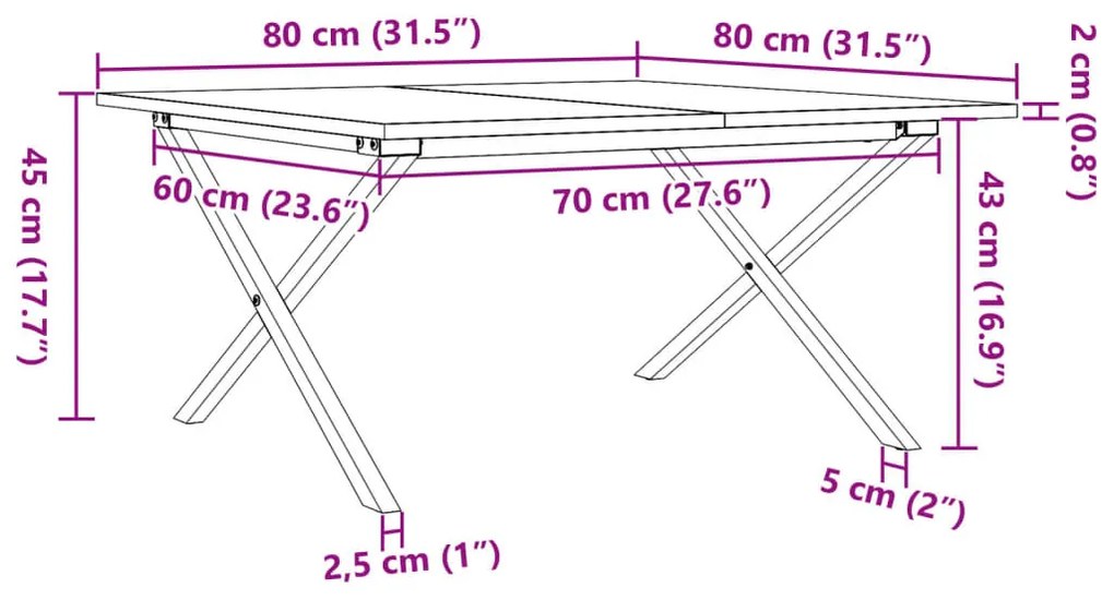 tömör fenyőfa és öntöttvas dohányzóasztal X-vázzal 80x80x45 cm