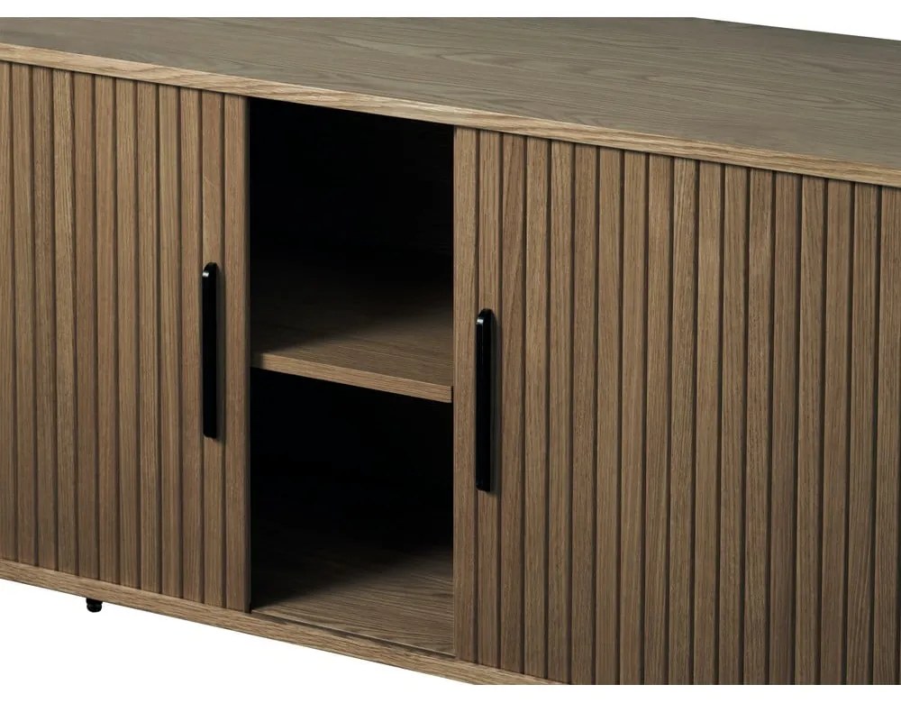 Barna komód tolóajtóval tölgyfa dekorral 180x76x45 cm Nola – Unique Furniture