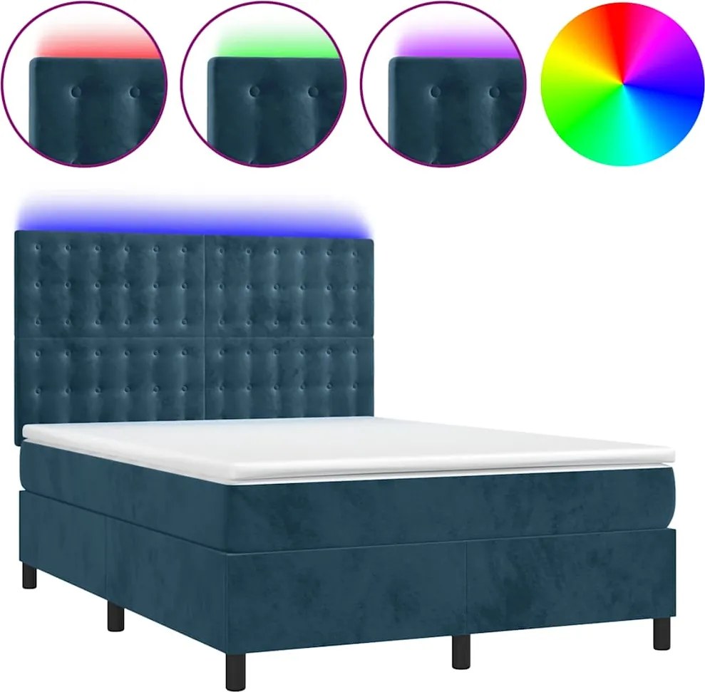 vidaXL sötétkék bársony rugós és LED-es ágy matraccal 140x200 cm