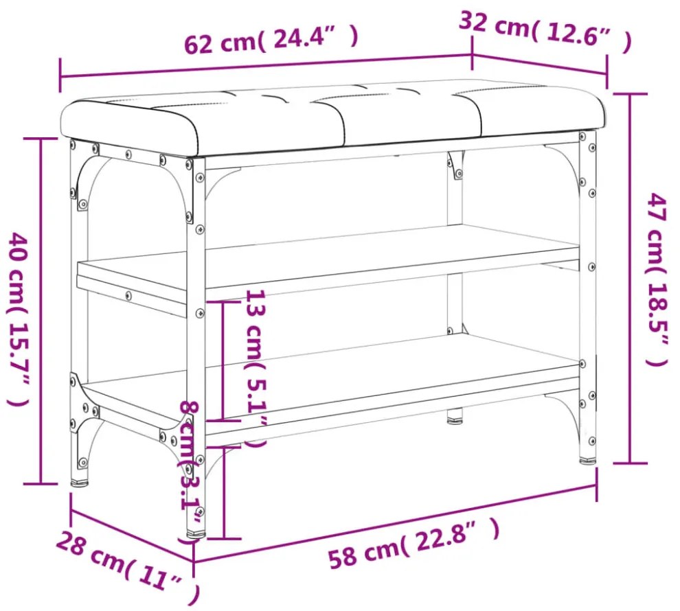 füstös tölgy színű szerelt fa cipőtároló pad 62 x 32 x 47 cm