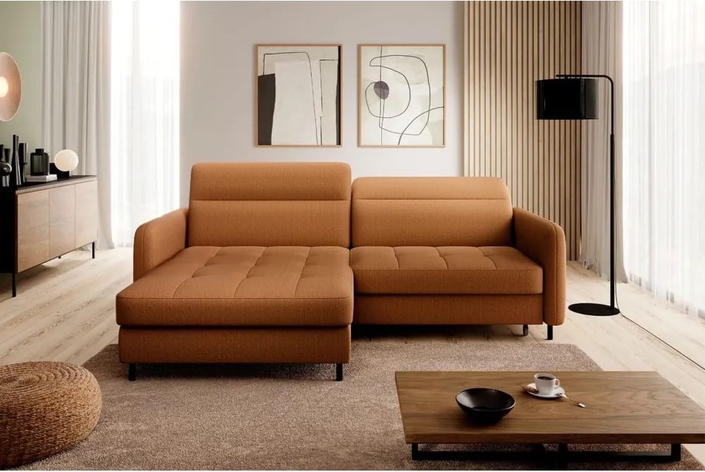 Sárga bársony kinyitható-tárolóhelyes sarokkanapé (bal oldali-heverő résszel) Gomsi – ELTAP