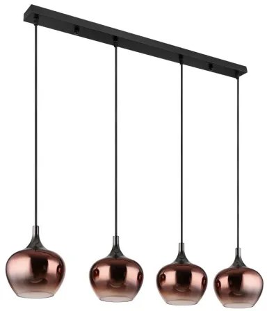Globo 15548-4HG Függeszték fekete matt fém, fekete-króm fém, réz színű/átlátszó színátmenetes üveg búra, fekete textil kábel, HxSzxM: 1000x180x1200mm, 4x E27 40W 230V izzók nélkül