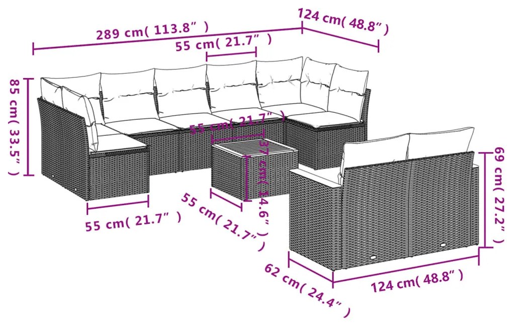 10 részes szürke polyrattan kerti ülőgarnitúra párnákkal