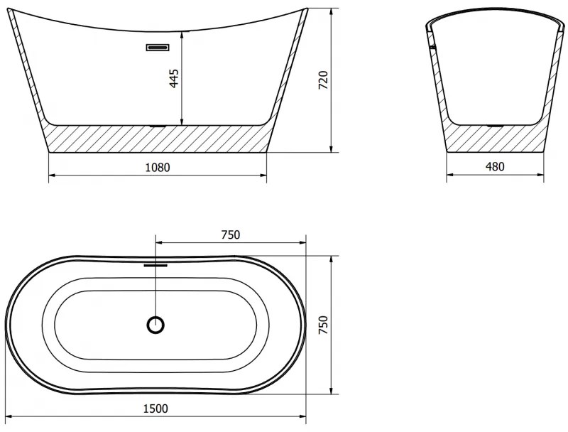 Mexen Montana, szabadon álló kád 150 x 75 cm, fehér-fekete, grafit túlfolyó, 52011507575-66