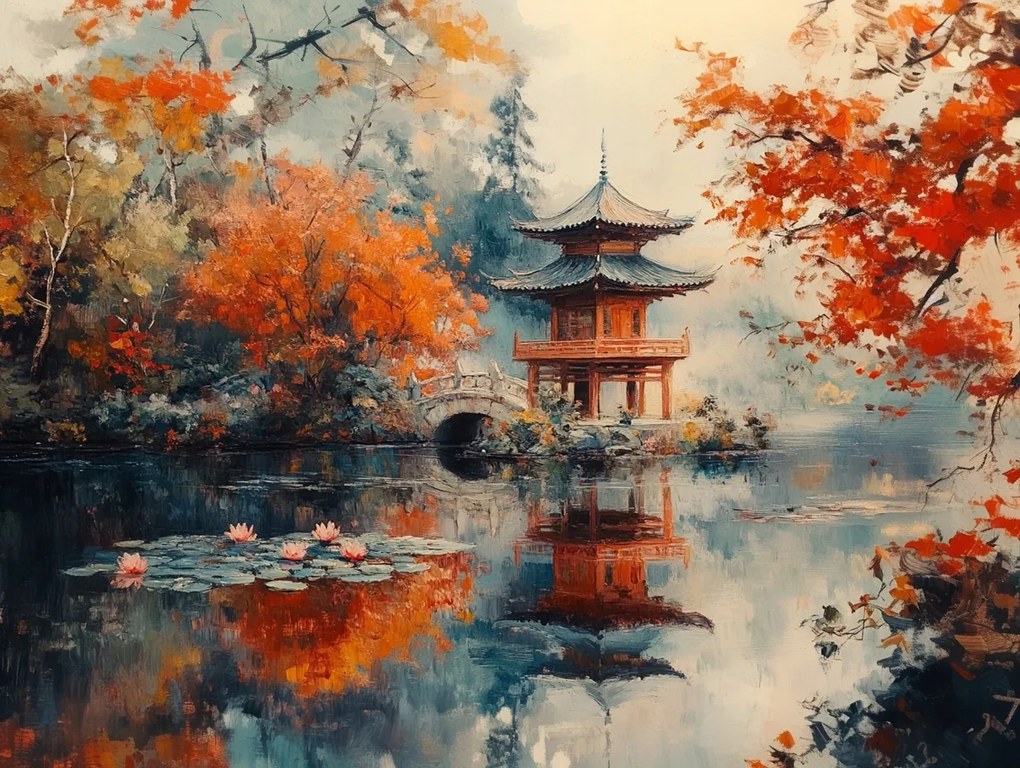 Vászonkép Canvas Tájkép Japán Park Kert Ősz Pagoda Híd 80x60